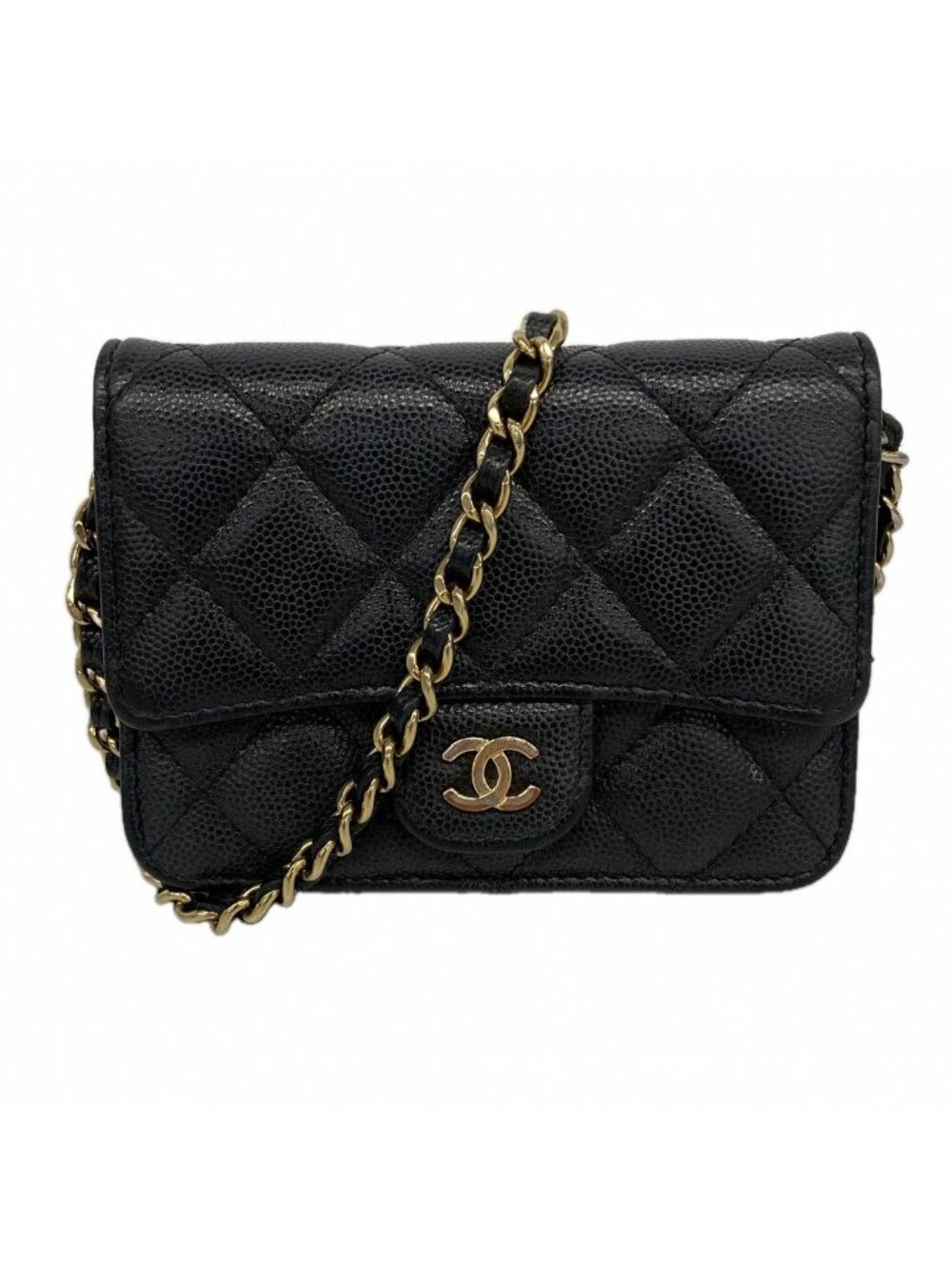 Chanel Shoulder Bag Mini Quilted Caviar Leather Black Gold